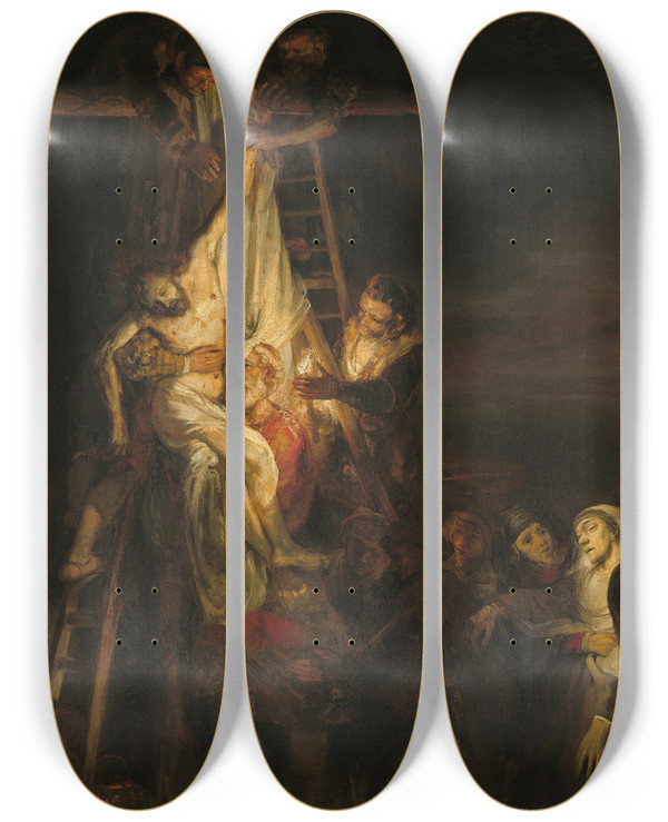 Triptych art skateboard deck of Rembrandt Van Rijn The Descent From The Cross by Rembrandt Van Rijn (1606-1669)