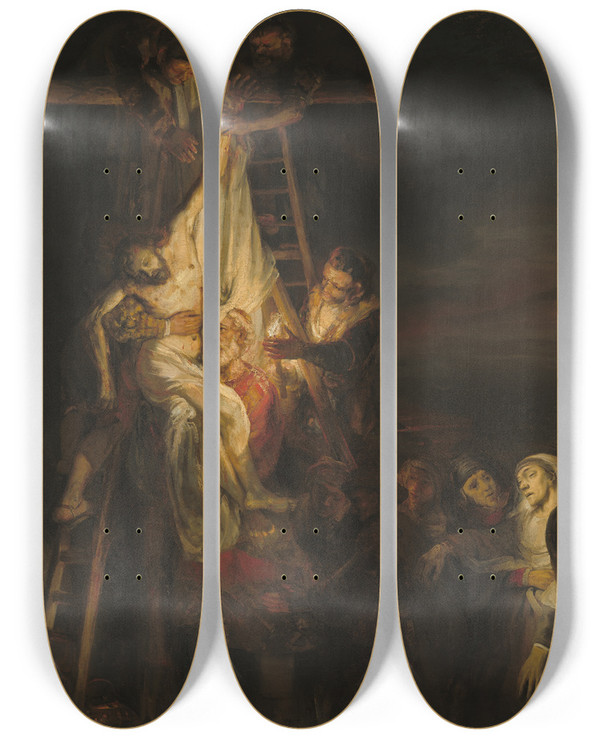 Triptych art skateboard deck of Follower Of Rembrandt Van Rijn The Descent From The Cross by Follower of Rembrandt van Rijn (1606-1669)