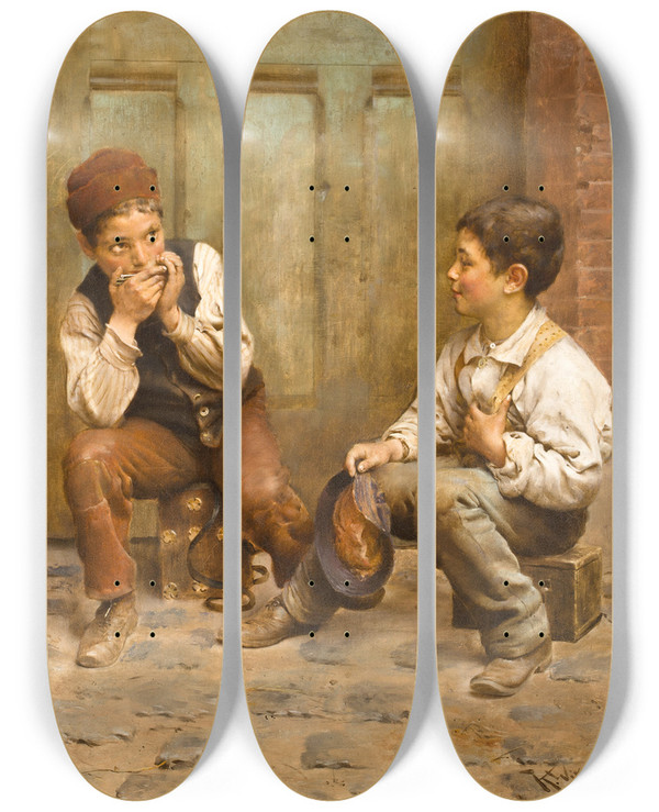 Triptych art skateboard deck of Karl Witkowski Shoeshine Boys by Karl Witkowski (1860-1910)