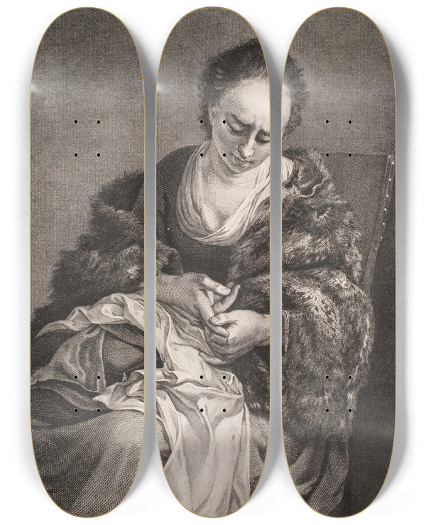 Triptych art skateboard deck of Isak Henningsen En Pige Der Har Stukket Sig P En Nl by Isak Henningsen (1730-1759)