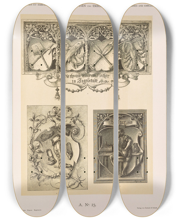 Triptych art skateboard deck of Albert Ilg Allegorien Und Embleme Vol Ii Pl024 by Albert Ilg (1847-1896)