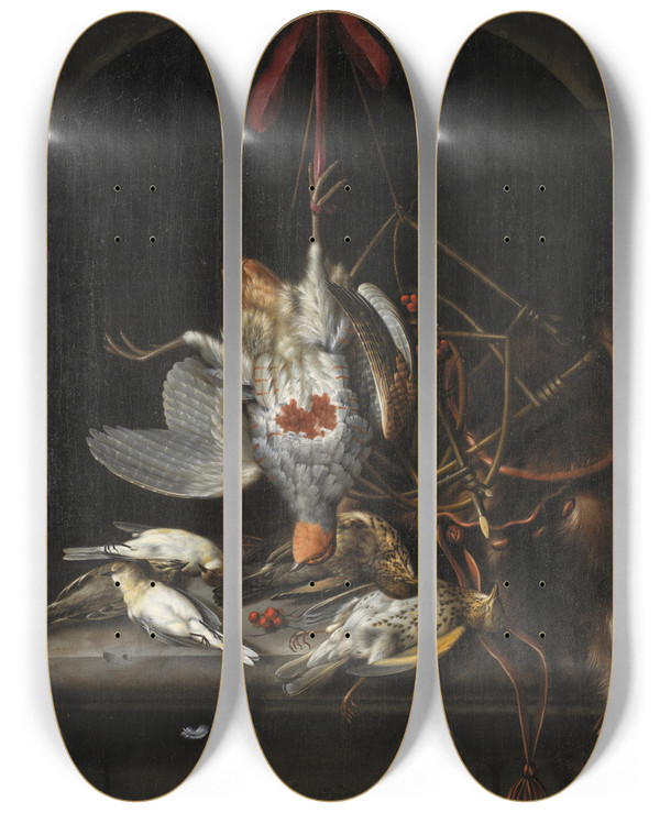 Triptych art skateboard deck of Jacob Biltius Dead Wildfowl by Jacob Biltius (1633-1681)