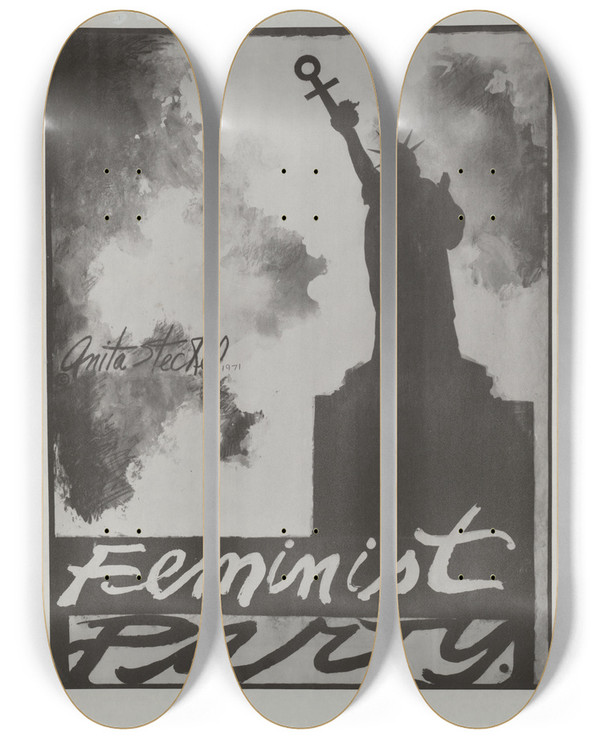 Triptych art skateboard deck of Anita Steckel Feminist Party by Anita Steckel (1930-2012)