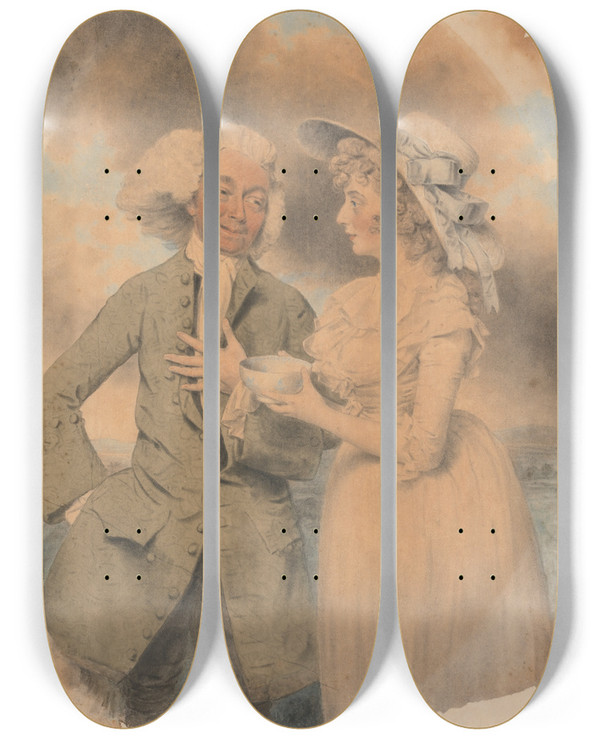Triptych art skateboard deck of John Downman John Edwin And Mrs Mary Wells As Lingo And Cowslip In The Agreeable Surprise by John Downman (1750-1824)