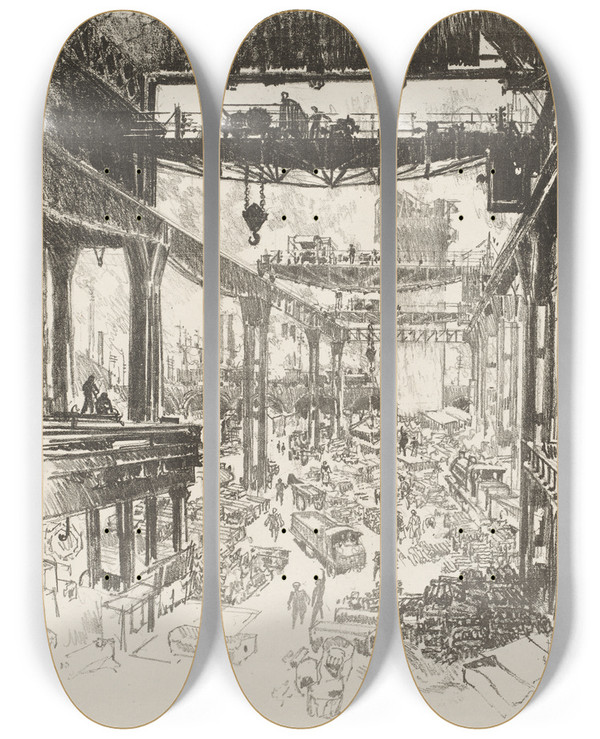 Triptych art skateboard deck of Joseph Pennell The Great Tower Pig Iron by Joseph Pennell (1857-1926)