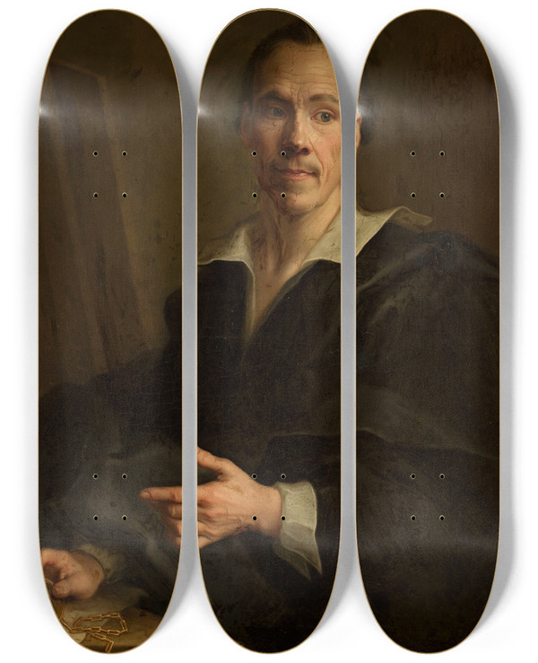 Triptych art skateboard deck of Christian Seybold Self Portrait Holding A Miniature Portrait Of The Prince Of Liechtenstein by Christian Seybold (1695-1768)