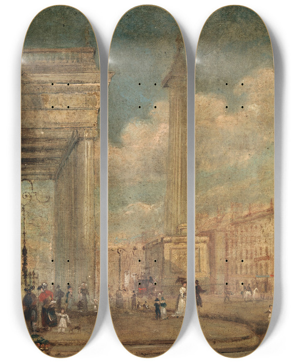 Triptych art skateboard deck of George Petrie A View Of Oconnell Street Dublin by George Petrie