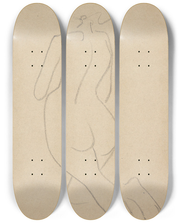 Triptych art skateboard deck of Harald Giersing Model Set Fra Ryggen by Harald Giersing (1881-1927)