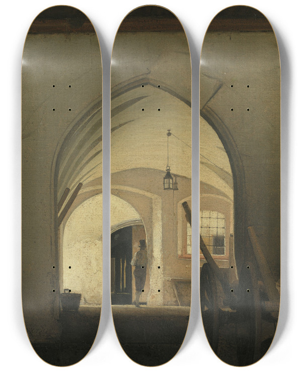 Triptych art skateboard deck of Wilhelm Bendz A Coach House Partenkirchen by Wilhelm Bendz (1804-1832)