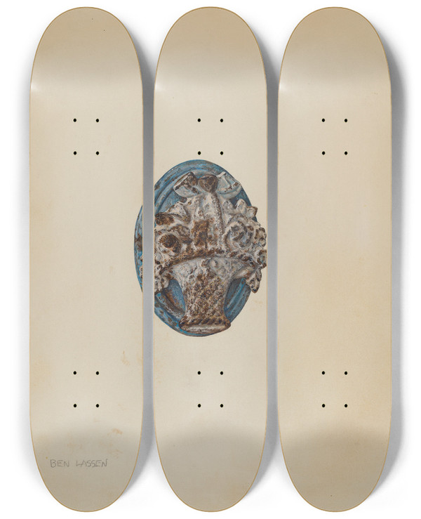 Triptych art skateboard deck of Ben Lassen Door Knocker_1 by Ben Lassen