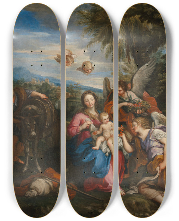 Triptych art skateboard deck of Giuseppe Bartolomeo Chiari The Rest On The Flight Into Egypt_1 by Giuseppe Bartolomeo Chiari (1654-1727)