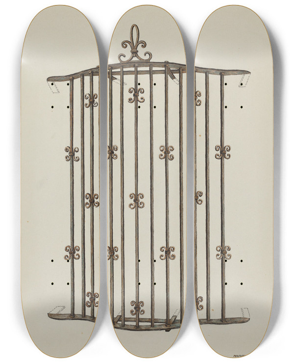 Triptych art skateboard deck of Harry Mann Waddell Window Grille by Harry Mann Waddell (1876-1956)