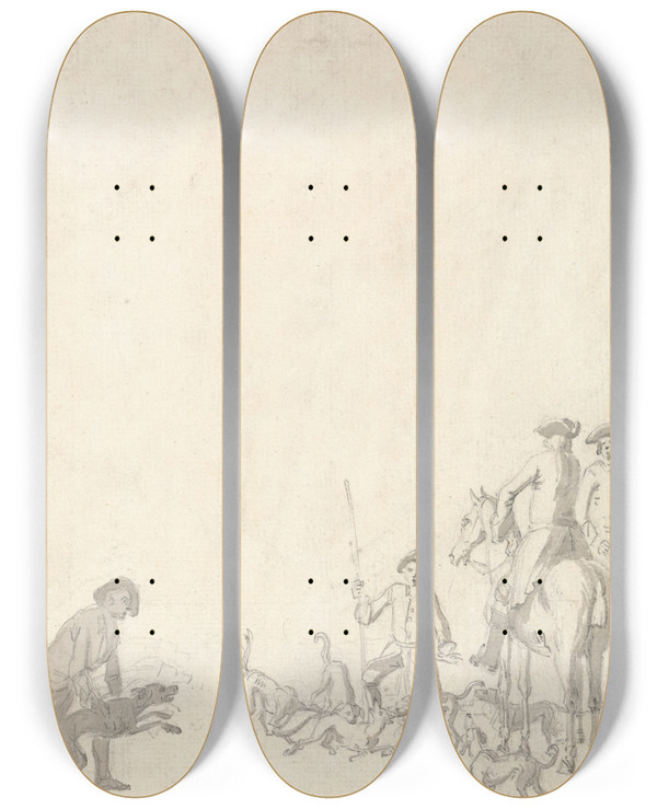 Triptych art skateboard deck of Peter Tillemans Foxhunting The Kill by Peter Tillemans (1684-1734)