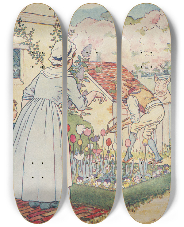 Triptych art skateboard deck of Leonard Leslie Brooke Woman And Man In Garden by Leonard Leslie Brooke (1862-1940)