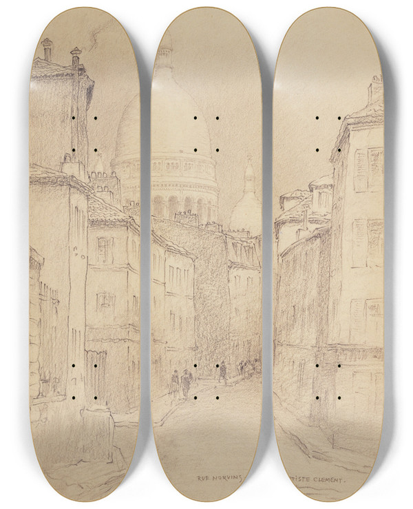 Triptych art skateboard deck of Ferdinand Boberg La Rue De Norvins Et La Rue Jeanbaptiste Clment by Ferdinand Boberg (1860-1946)