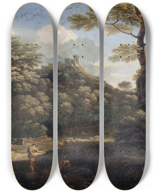 Triptych art skateboard deck of Gaspard Dughet A Castle In A Wood by Gaspard Dughet (1615-1675)