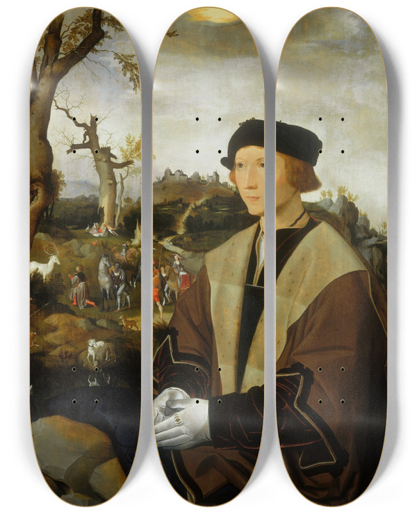 Triptych art skateboard deck of Jan Mostaert Portrait Of A Young Man by Jan Mostaert