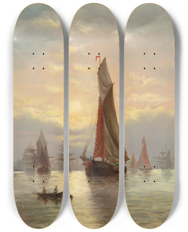 Triptych art skateboard deck of William Torgerson Harbor Scene by William Torgerson (1833-1890)
