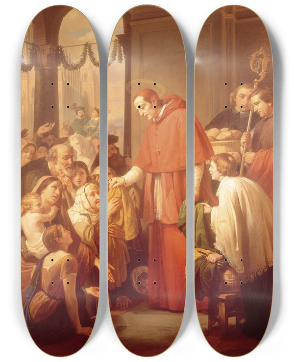Triptych art skateboard deck of Jos Salom Pina Saint Charles Borromeo Handing Out Alms To The People by Jose Salome Pina (1830-1909)