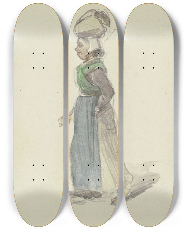 Triptych art skateboard deck of Jakob Frchtegott Dielmann Bauersfrau Mit Einem Sack Auf Dem Kopf Und Einem Stock In Der Hand Nach Links Gehend by Jakob Furchtegott Dielmann (1809-1885)