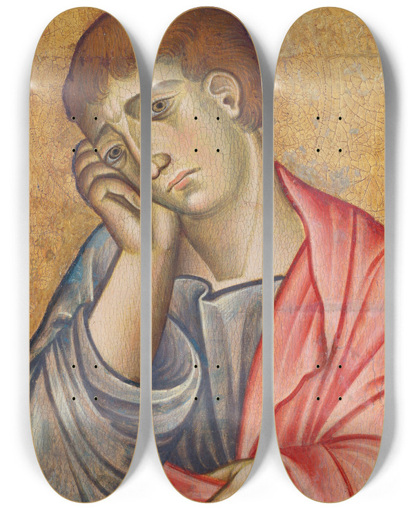 Triptych art skateboard deck of Deodato Orlandi St John The Evangelist Mourning by Deodato Orlandi