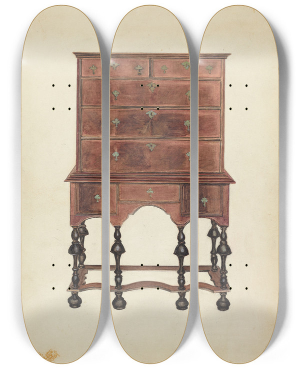 Triptych art skateboard deck of Harry Eisman Chest Of Drawers by Harry Eisman