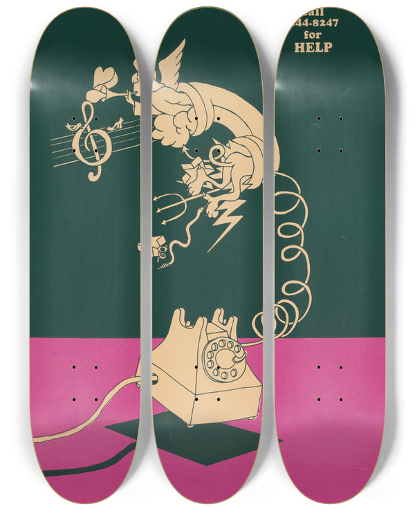 Triptych art skateboard deck of Lanny Sommese Call 3448247 For Help by Lanny Sommese (1943)
