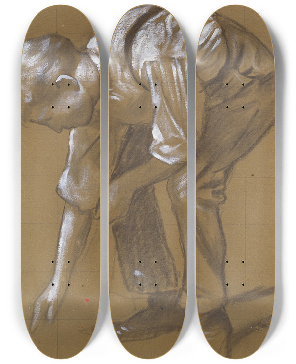 Triptych art skateboard deck of Hans Thoma A Man Bending Over by Hans Thoma (1839-1924)