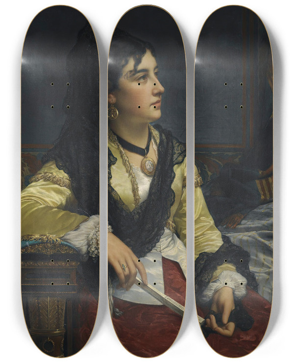 Triptych art skateboard deck of Jan Frederik Pieter Portielje Girl With Mantilla by Jan Frederik Pieter Portielje (1829-1908)