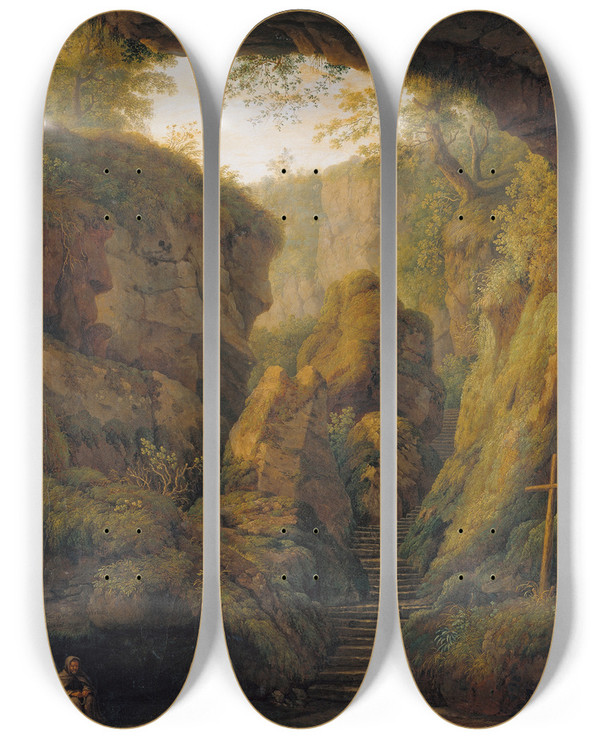 Triptych art skateboard deck of Jakob Philipp Hackert Saint Francis Grotto On Monte Verna_1 by Jakob Philipp Hackert (1737-1807)