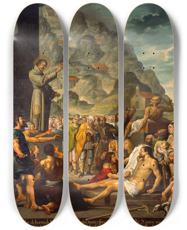 Triptych art skateboard deck of Jos Jurez Miracles Of The Blessed Salvador Of Horta by Jose Juarez (1617-1661)