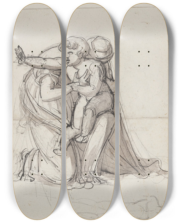 Triptych art skateboard deck of Johan Ludvig Lund Moder Og Barn Studie Til Andromache Begrdende Hektors Dd by Johan Ludvig Lund (1777-1867)