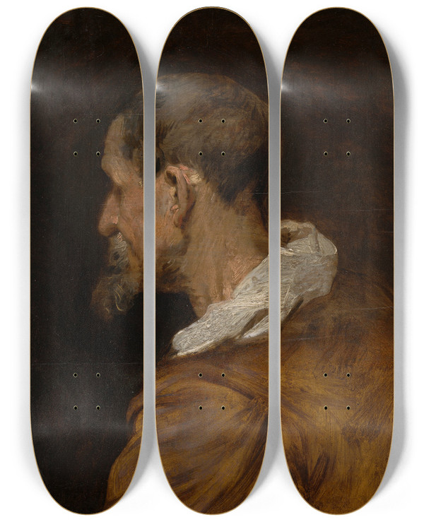 Triptych art skateboard deck of Anthony Van Dyck Study Head by Anthony Van Dyck (1599-1641)