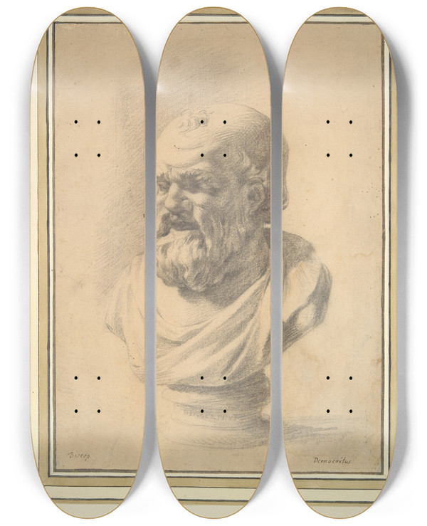 Triptych art skateboard deck of Jan De Bisschop Portrait Bust Ofdemocritus by Jan de Bisschop (1628-1671)