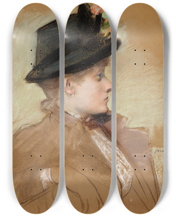 Triptych art skateboard deck of Jeanlouis Forain Portrait Dune Jeune Lgante Au Chapeau by Jean Louis Forain (1852-1931)