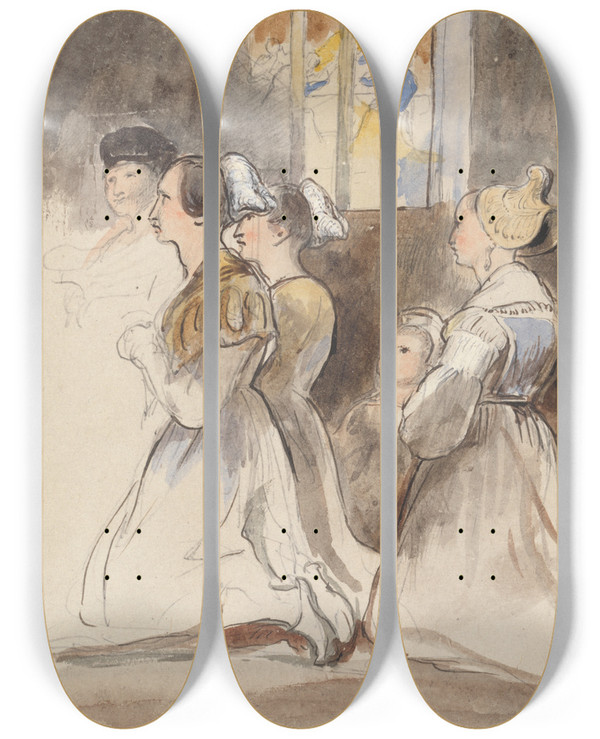 Triptych art skateboard deck of Sir David Wilkie A Group Of Women At Mass by Sir David Wilkie (1785-1841)