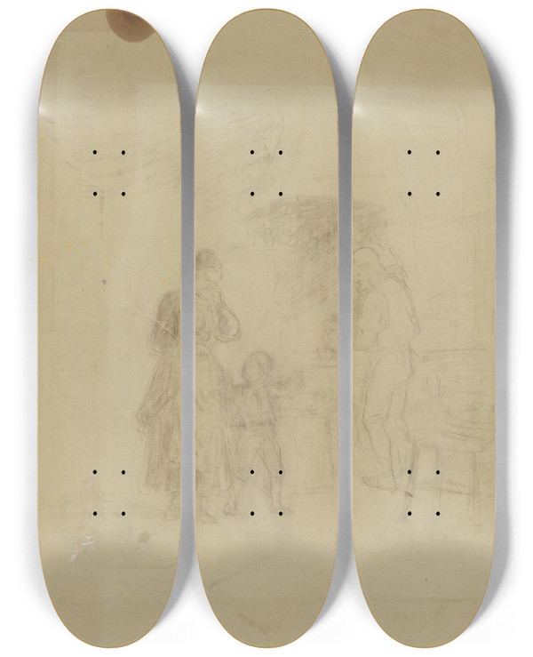 Triptych art skateboard deck of Adolph Tidemand Familie Ved Peis by Adolph Tidemand (1814-1876)