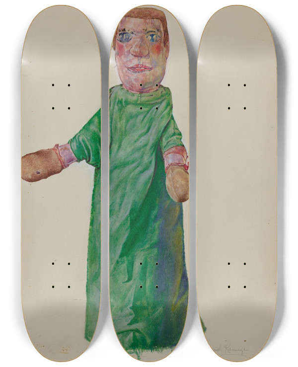 Triptych art skateboard deck of David Ramage Hand Puppet Boxer by David Ramage
