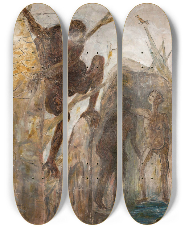 Triptych art skateboard deck of Tadeusz Makowski Landscape With A Monkey by Tadeusz Makowski (1882-1932)