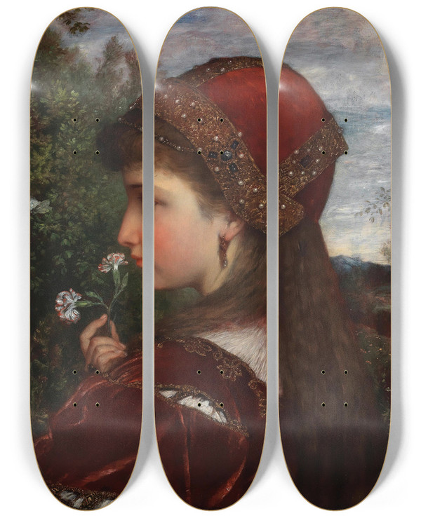 Triptych art skateboard deck of Anton Bertzik A Girl In Profile With Carnations by Anton Bertzik (1850-1899)
