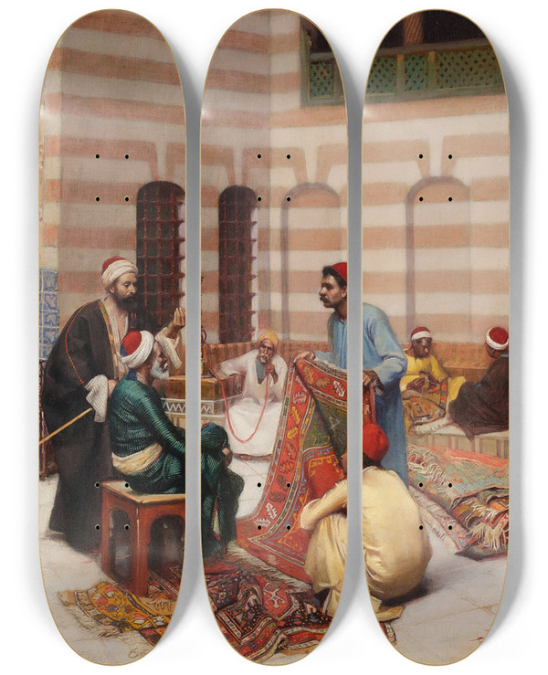 Triptych art skateboard deck of Rudolf Weisse The Carpet Merchant by Rudolf Weisse (1869-1930)