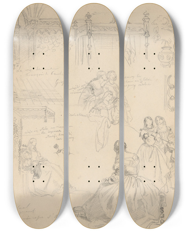 Triptych art skateboard deck of Jzef Simmler Sketches Of Costumes Furniture And Architectural Details by Jozef Simmler (1823-1868)