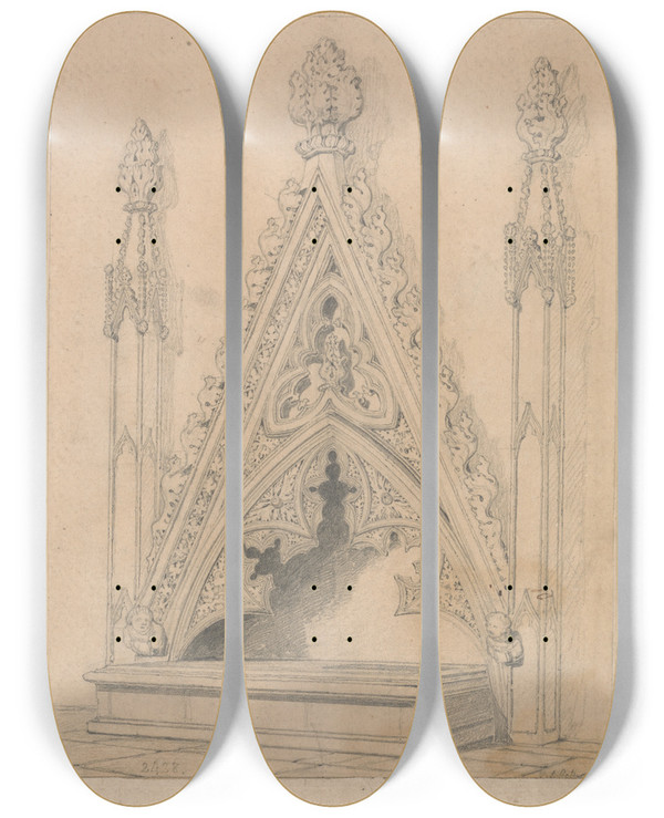 Triptych art skateboard deck of John Sell Cotman A Monument In Raveningham Church Norfolk by John Sell Cotman (1782-1842)