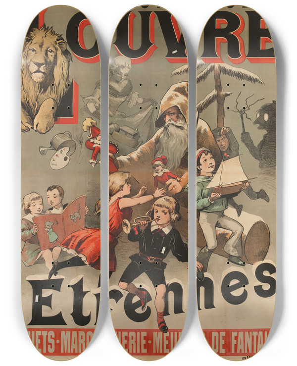 Triptych art skateboard deck of Adolphe Lon Willette Grands Magasins Du Louvre by Adolphe Leon Willette (1857-1926)