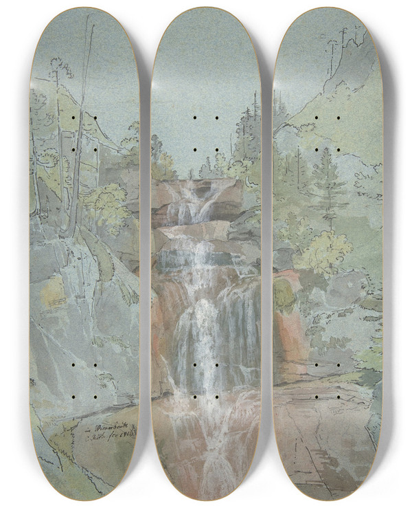 Triptych art skateboard deck of Johann Christoph Rist Landscape With A Waterfall by Johann Christoph Rist (1790-1876)