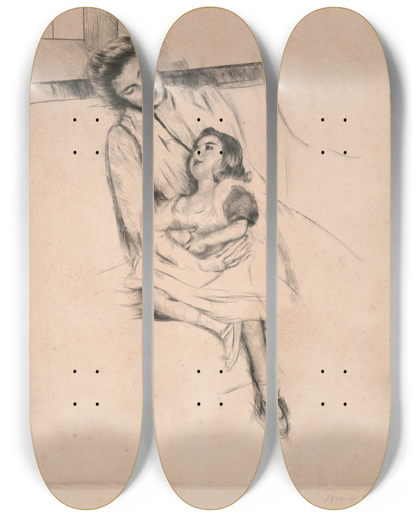Triptych art skateboard deck of Mary Cassatt Jeannette And Her Mother Seated On A Sofa by Mary Cassatt (1844-1926)