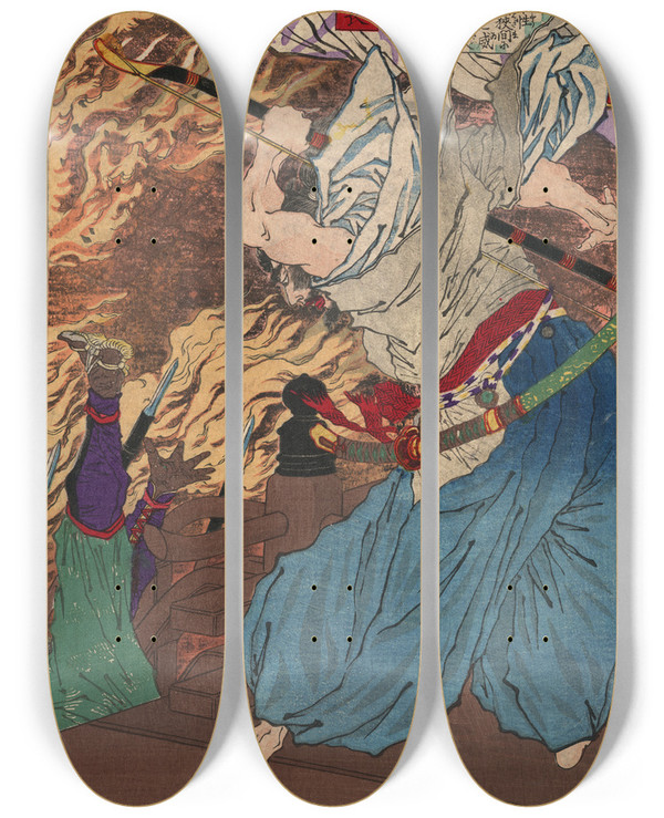 Triptych art skateboard deck of Tsukioka Yoshitoshi Oda Nobunaga_2 by Tsukioka Yoshitoshi (1839-1892)