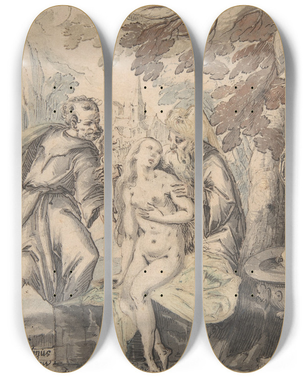 Triptych art skateboard deck of Augustin Medow Susanna And The Elders by Augustin Medow (1660)