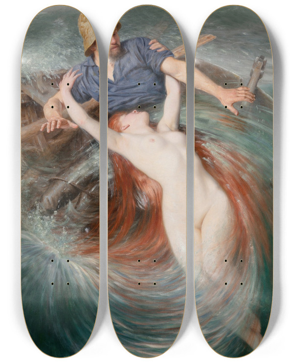 Triptych art skateboard deck of Knut Ekwall A Fisherman Engulfed By A Siren by Knut Ekwall (1843-1912)