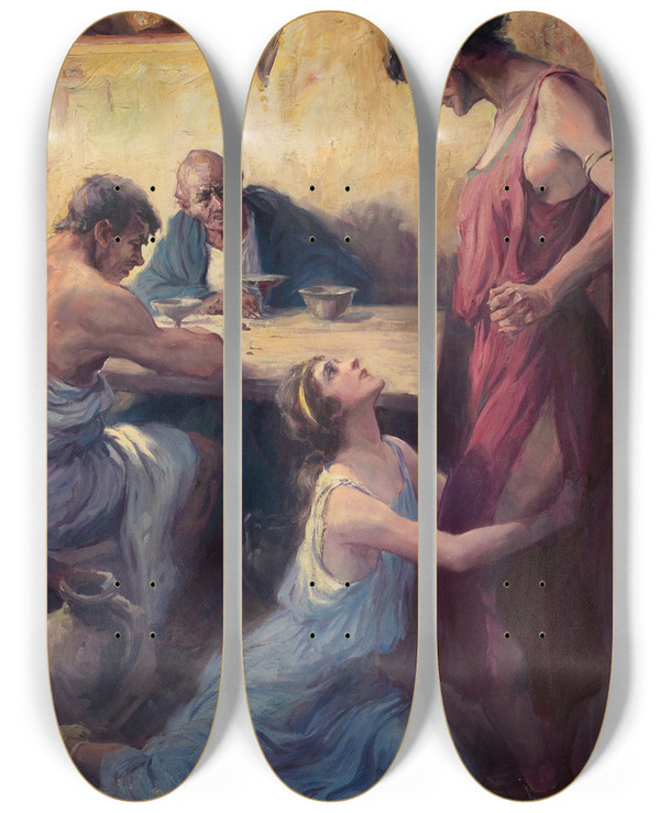 Triptych art skateboard deck of Frederick Coffay Yohn A Roman Scene by Frederick Coffay Yohn (1875-1933)